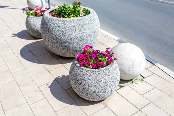 Granite decorative flower bed with different flowers