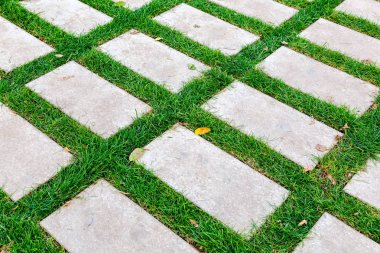 Arka plan dokusu olarak yeşil çim üzerinde gri kaldırım taşları