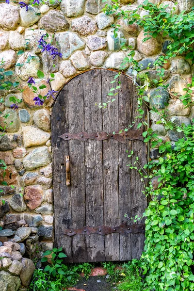 Vecchia porta in legno grezzo con elementi in metallo forgiato — Foto Stock