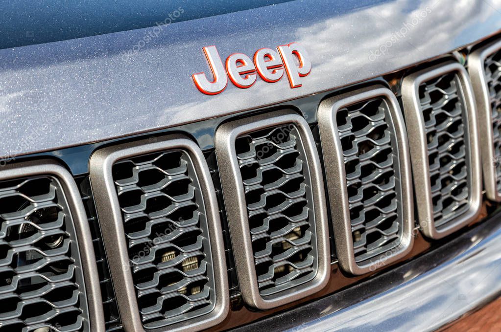 Moscow, Russia - September 8, 2019: Closeup of Jeep logo on the car. American automobile manufacturer