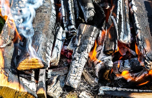 Kampvuur met brandend hout buiten — Stockfoto