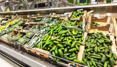 Samara, Rusya - 1 Haziran 2019: Süpermarkette taze salatalıklar satışa hazır