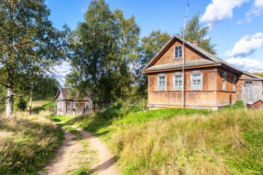 Yazın güneşli bir günde, Rus köyünde geleneksel kırsal ahşap evler. Novgorod bölgesi, Rusya