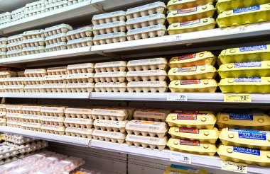 Samara, Rusya - 24 Kasım 2019: Marketteki raflarda satılmaya hazır farklı taze tavuk yumurtaları