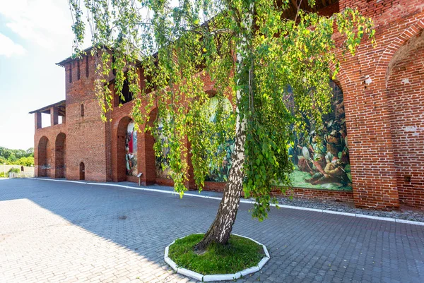 俄罗斯科洛姆纳 2020年7月7日 阳光灿烂的夏天 克里姆林宫的红砖墙长满了绿桦树 — 图库照片