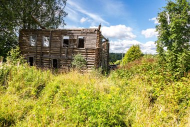 Terk edilmiş ve yıkılmış. Yazın güneşli bir günde, Rusya 'nın kırsal kesimindeki eski ahşap ev.
