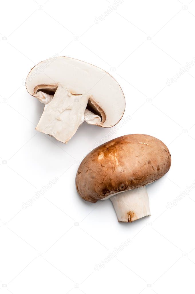 Two halves of a champignon with a brown cap. Isolated on white background
