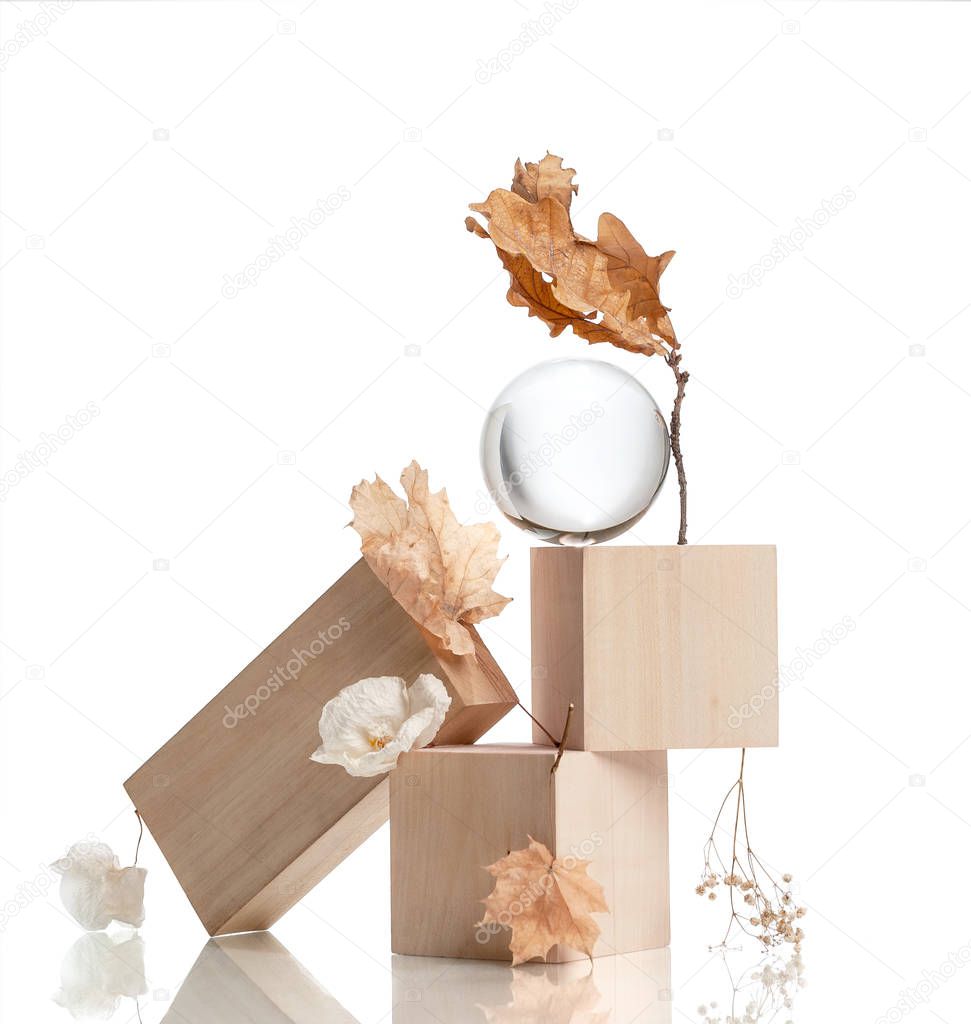 Modern art still-life from wooden elements and dried flowers