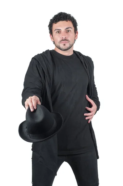 Mannen i svart med sin svarta hatt — Stockfoto