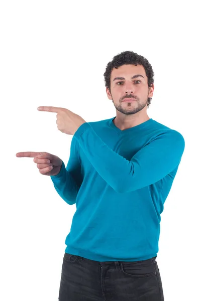 Guy in blue pointing to somewhere — Stock Photo, Image