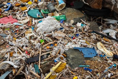 Büyük şehrin yakınındaki plaja çöp döktü. Kullanılmış kirli plastik şişeler ve diğer çöpler. Çevre kirliliği. Ekolojik sorun.