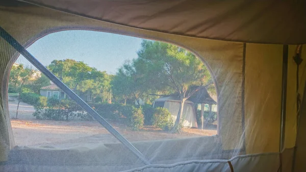 Widok z wnętrza namiotu na kempingu — Zdjęcie stockowe