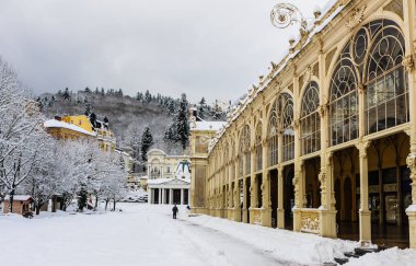 Çek Cumhuriyeti, Marianske Lazne, 21 Ocak 2018. Colonnade spa town Marianske Lazne (Marienbad) Çek Republic.Winter zamanında.