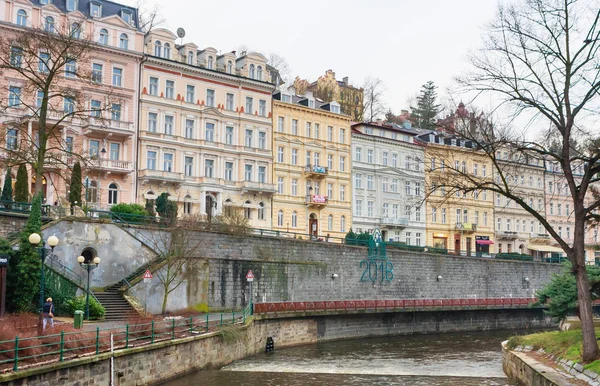 Karlovy Vary Czech Republic January 2018 Historic City Center River — Stock Photo, Image
