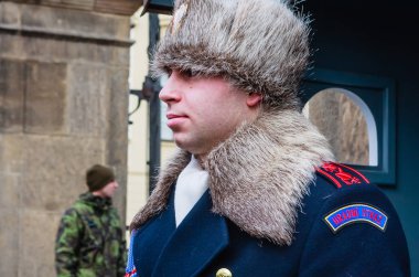 München, Almanya - Ocak, 27 2018: Prague Castle Guard kışın Tekdüzen bir ana ağ geçitlerinin tarihi Prag Kalesi'nin dışında nöbetçi