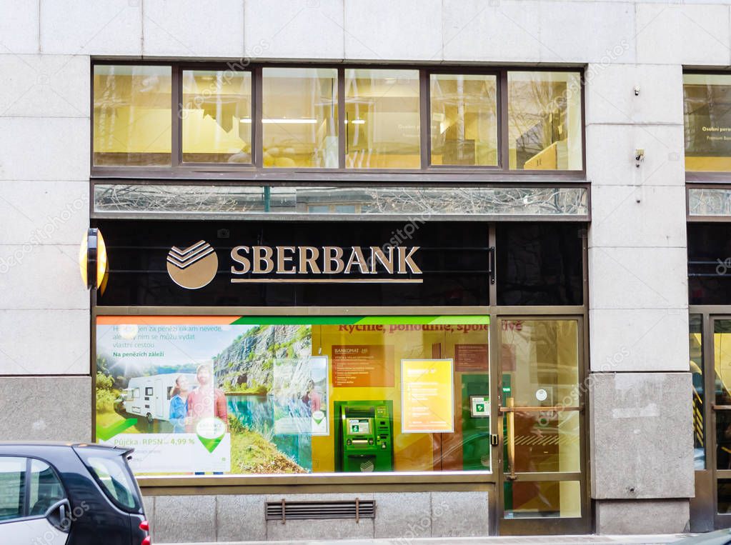 PRAGUE, CZECH REPUBLIC - JANUARY, 28, 2018: Entrance to Sberbank office in a building in Prague near Wenceslas square. Czech Republic