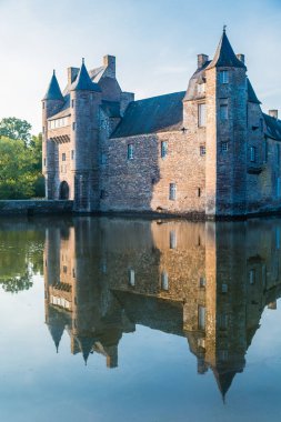 Taret ve asma köprü 14. yüzyıl Chateau de Trecesson Paimpont orman içinde hangi tarafından çevrilidir büyük havuzu genelinde görüntülendi? 