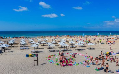 Okul çocukları grupları okyanusta yüzmeye hazırlanıyorlar. Carcavelos Sahili. Portekiz.
