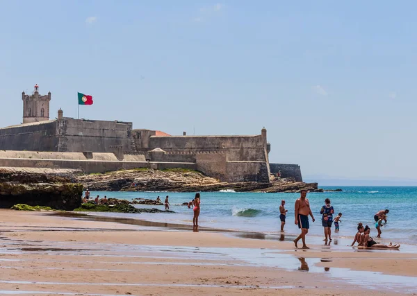 Saint Julian Fortress Lighthouse Tower Beach Praia Carcavelos Portugal — Stock Photo, Image