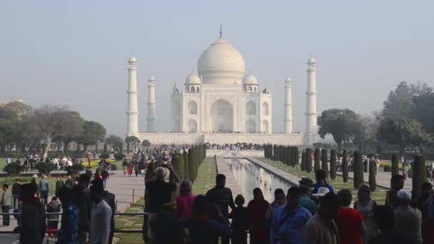 India - 2018. február: A nézet Taj Mahal napkeltekor, Agra. — Stock videók
