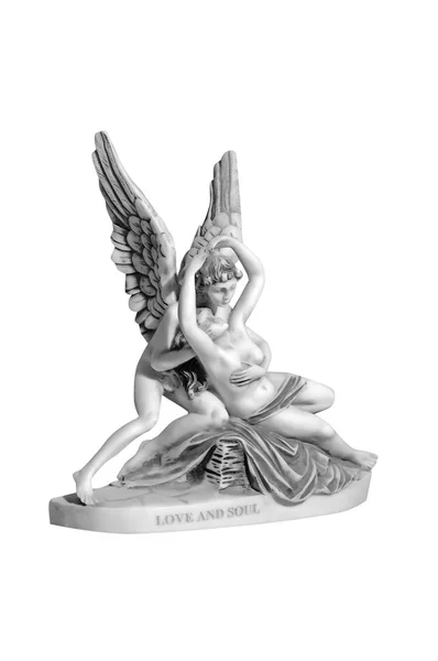 Klassisk Marmor Statyett Ängel Och Man Vit Bakgrund — Stockfoto