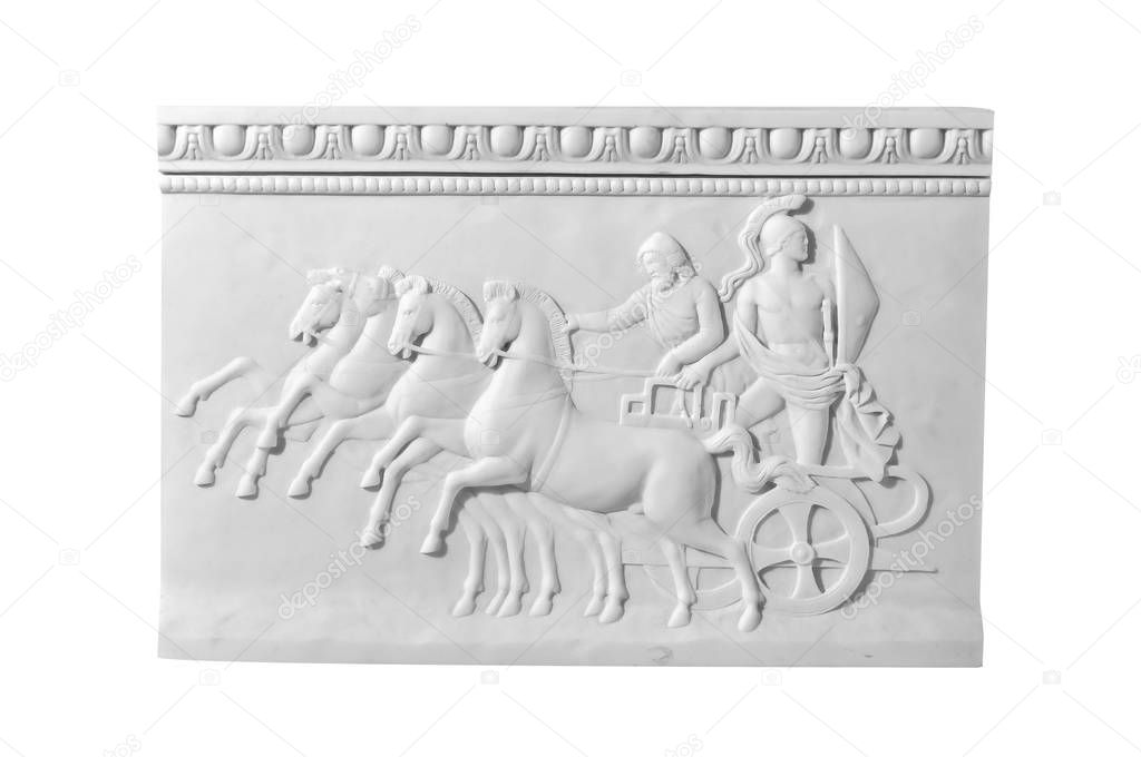 Classical marble slab with antique scene on a white background