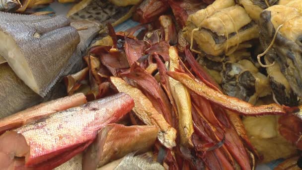 Vielfalt an Meeresfischen auf der Theke im Fischladen. — Stockvideo