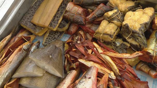 Variedad de peces de mar en el mostrador en una tienda de pescado . — Vídeos de Stock