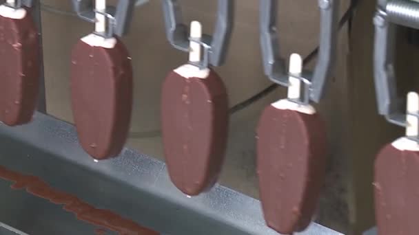 Produção de sorvete, processo de revestimento de chocolate no sorvete, linha de produção, produtos lácteos . — Vídeo de Stock