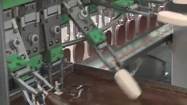 Produção de sorvete, processo de revestimento de chocolate no sorvete, linha de produção, produtos lácteos . — Vídeo de Stock