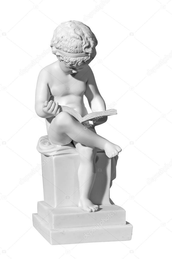 marble statue of a reading boy on a white background