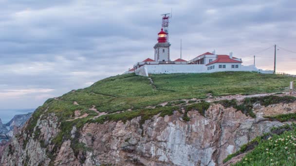 Rugged Coastline at Atlantic Ocean Morning, Foliage and Cabo Da Roca Lighthouse, of mainland Portugal — Vídeo de stock
