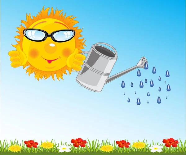 Tecknad Sol Med Strössel Kan Vattna Vatten Blomma Grön Glänta — Stock vektor