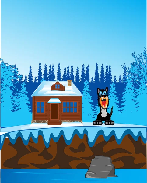 Madera con río y casa sobre la naturaleza en invierno — Vector de stock