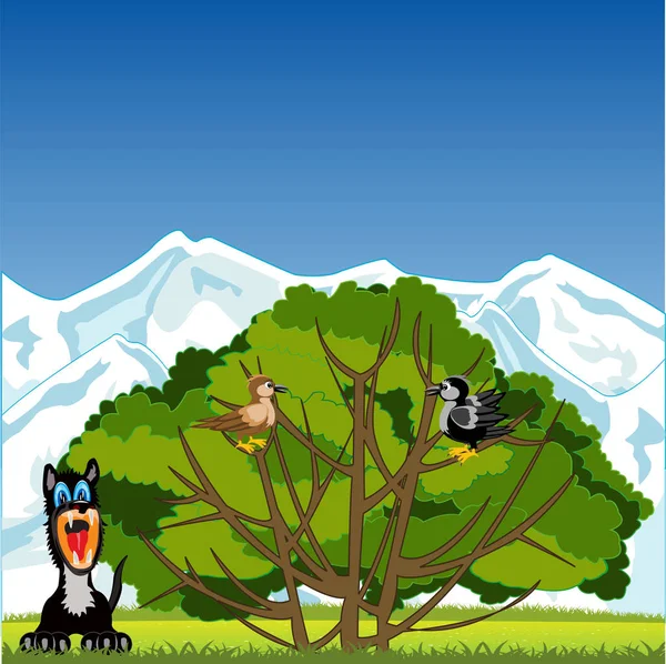 Tree with bird and animals on glade — Stock Vector