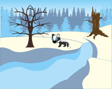 Nehir ve ağaç ve yaban hayatı kaplı buz ile manzara