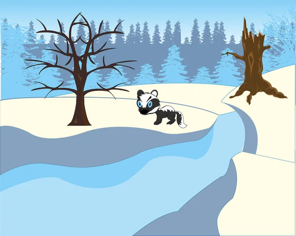 由河流、木材和野生动物覆盖的冰的景观 — 图库矢量图片