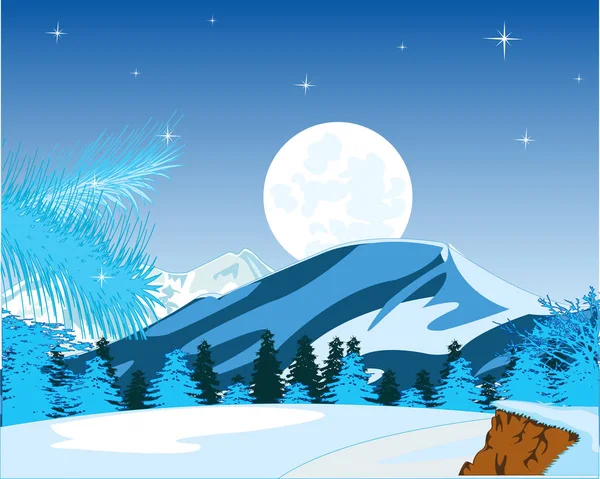 山と夜の木の冬の風景 — ストックベクタ