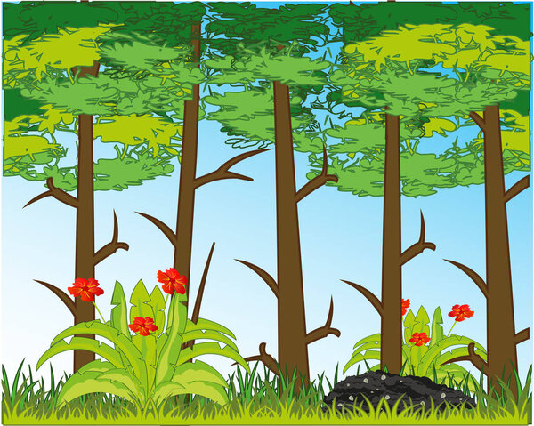 Векторная иллюстрация толстая древесина с растениями и цветами днем
