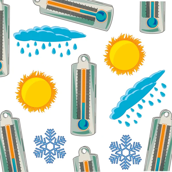 Thermometer und Wettermuster auf weißem Hintergrund — Stockvektor