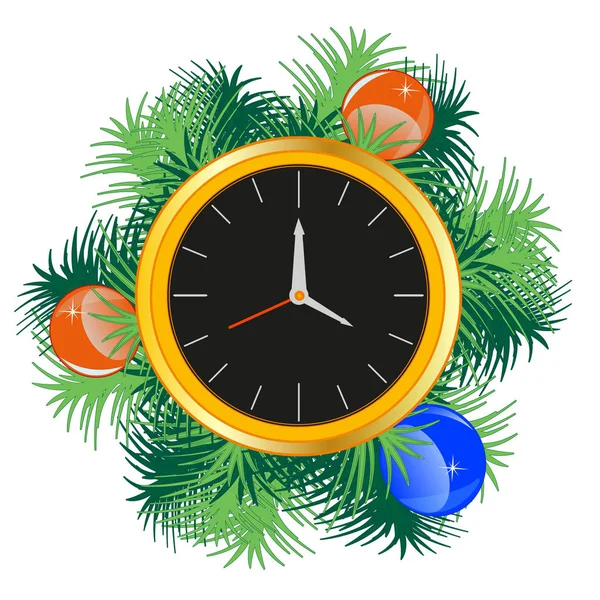 Festlig nyår s klocka dekorerad gren med leksak — Stock vektor