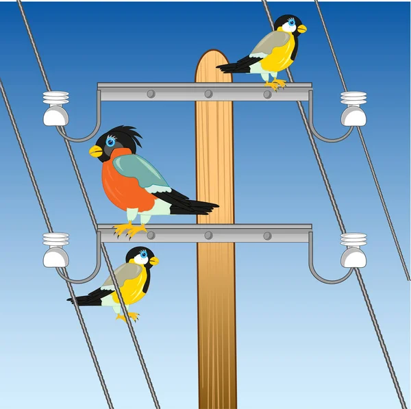 Sloup s drátem a pták sedící na mu — Stockový vektor