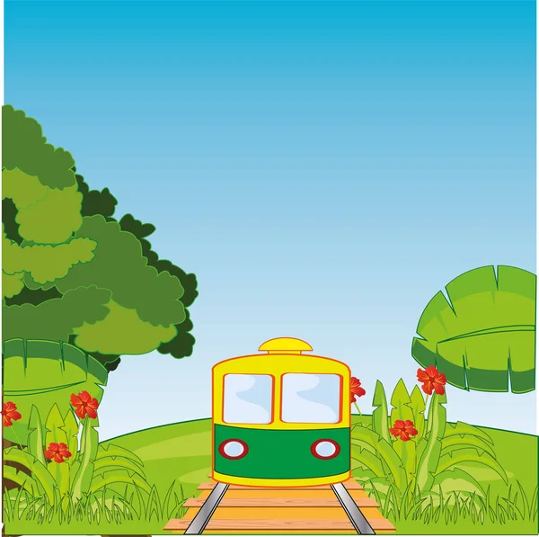 Carriles y tren entre la naturaleza salvaje. Ilustración vectorial — Vector de stock