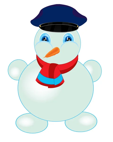 Vector illustration snowman in service cap and scarf — Stock Vector