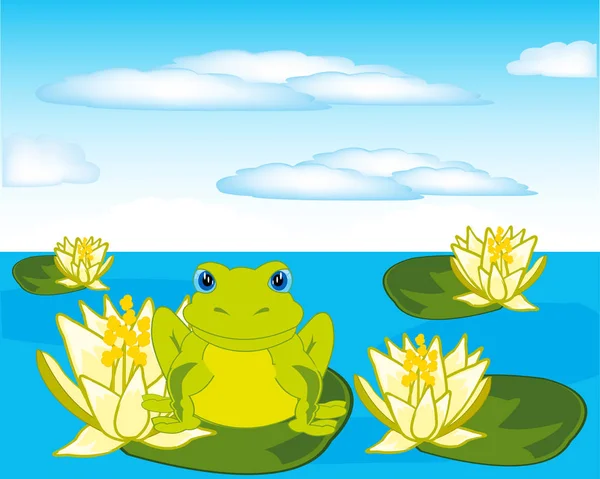Frosch sitzt auf Seerose im Teich — Stockvektor