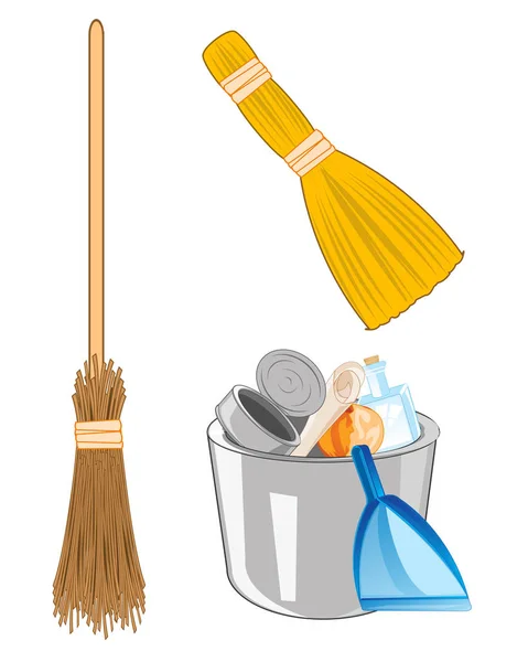 Pail with rubbish and broom with besom — Stock Vector