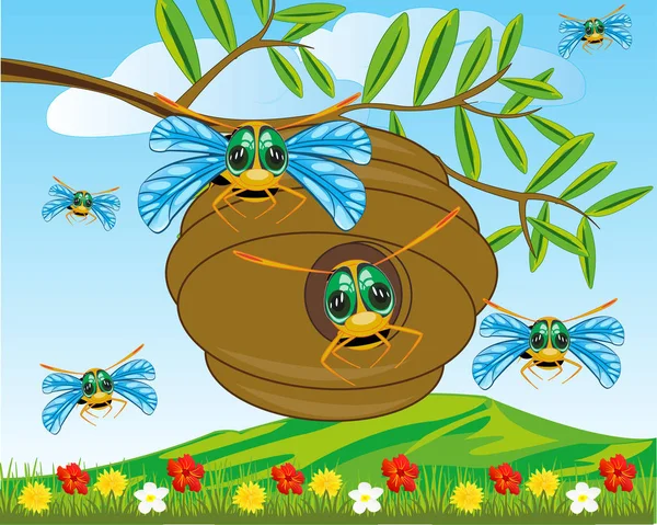 Jack con abeja en árbol de rama verde — Vector de stock