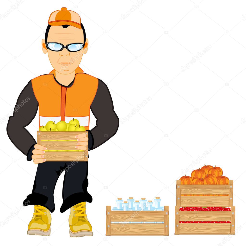 Vector illustration men worker unloading boxes with fruit