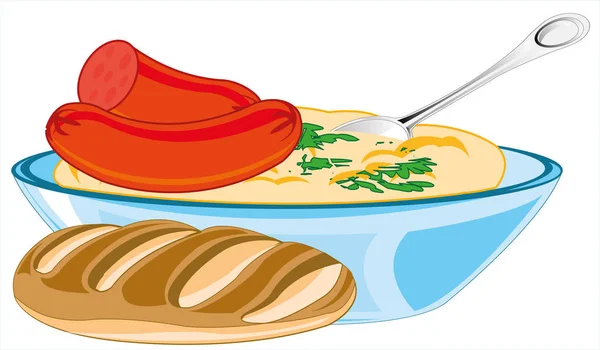 热菜香肠配土豆泥和长长的面包 — 图库矢量图片