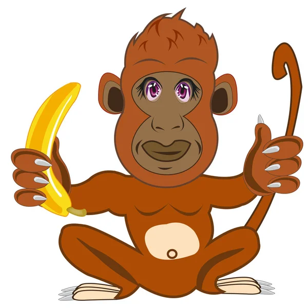 Dibujos Animados Mono Animal Con Plátano Sobre Fondo Blanco Está — Vector de stock